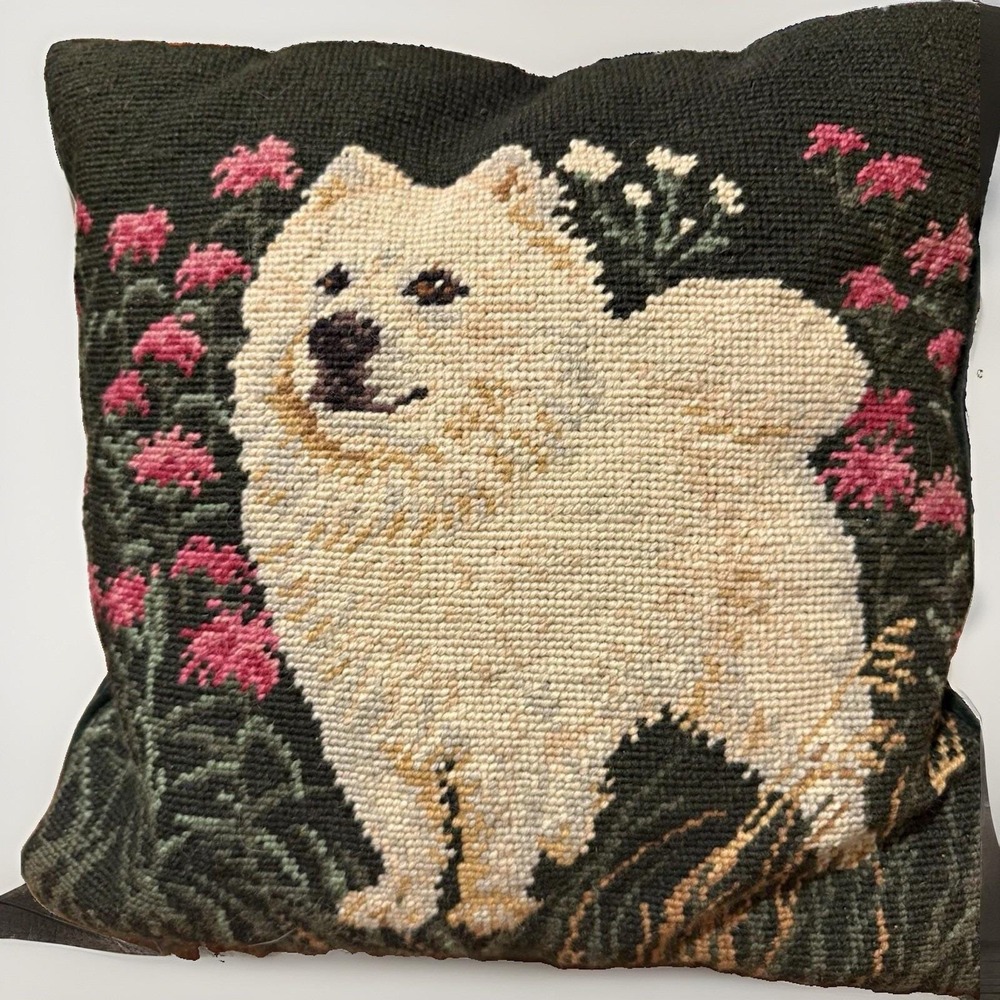 Vintage Westie Dog Needlepoint Pillow 14x14 West Highland White Terrier Floral